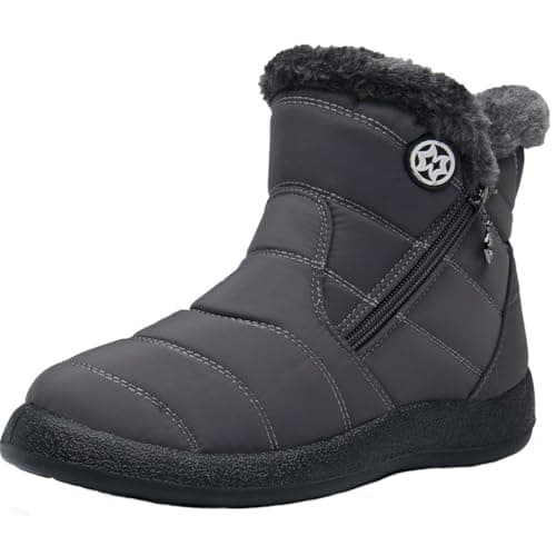 Image of Women Winter Snow Boots Ladies Faux Fur Lined Warm Outdoor Zip Flat Water-Resistant Thermal Non-Slip Ankle Booties Shoes Size,Grey_1,7 UK