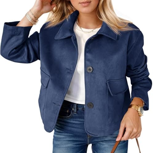 Image of Tankaneo Womens Faux Suede Leather Jackets Casual Cropped Coats Vintage Button Down Shackets, Navy, M