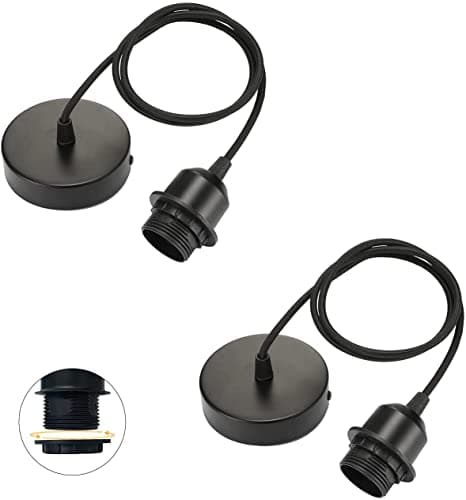 Image of Linkind Metal E27 Pendant Light Fitting, Modern Industrial Lamp Holder with Lock Ring, 100cm Braided Flexible Cable, Black, 2 Pack