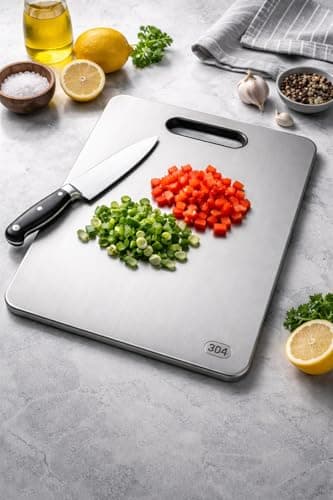 Image of 304 Stainless Steel Chopping Board 35x25cm – 1.5mm Thick Heavy Duty Metal Cutting Board with Handle – Hygienic Rust Resistant Kitchen Chopping Board for Meat, Vegetables & Fruit