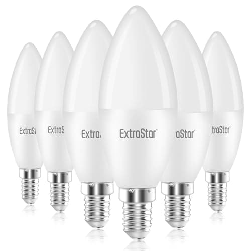 Image of EXTRASTAR E14 LED Candle Light Bulbs, 6W SES Cool White 6500K Daylight Energy Saving Bulb, 42W Equivalent, Small Edison Screw C37 Light Bulb, 510LM, Non-Dimmable, Pack of 6