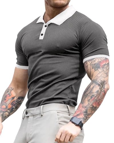 Image of Lehmanlin Men's Muscle Polo Shirts Short Sleeve Casual T- Shirts Slim Fit Stretch Ribbed Golf Tops（Gray+White Collar - L）