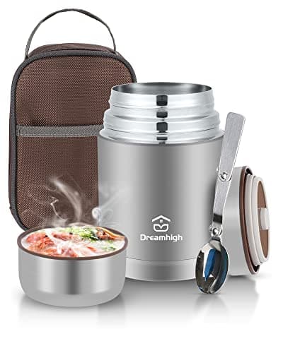 Image of Dreamhigh® Thermal Food Flask, 800ml, Soup Flask with Spoon, Stainless Steel Vacuum Insulated Food Container, Leak-Proof, with Carrying Bag, Keep Hot/Cold for 12 Hours (Silver)