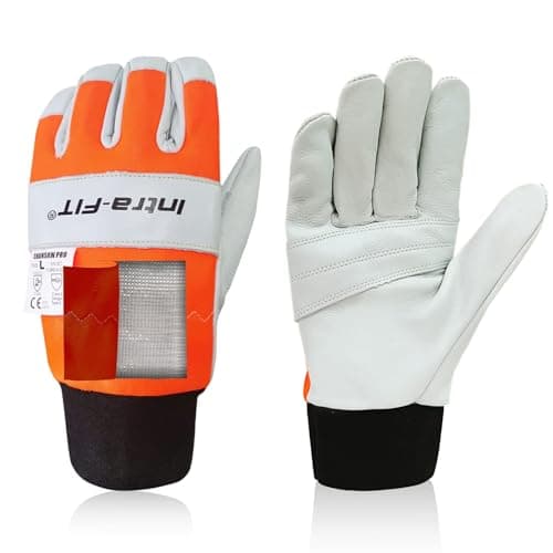 Image of Intra-FIT Chainsaw Gloves Saw Protectionon on Left Hand Back, Cut-resistance Gloves EN ISO 11393-4, CLASS 0, EN 388: 3133X, Cowleather Palm