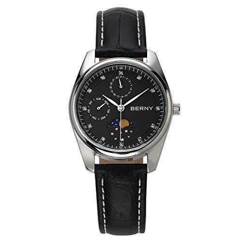Image of BERNY Multi-Function Watches for Women Waterproof Ladies Watches with Genuine Leather Strap Fashion Womens Watches Sub-dail with Calendar Moon Phase
