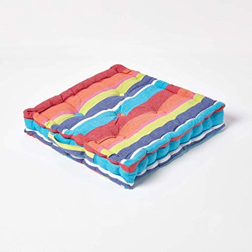 Image of HOMESCAPES - Multi coloured Stripe - Floor Cushion - 100% Cotton - 40 x 40 x 8 cm Square - Indoor - Outdoor - Arm Chair Booster Garden Seat Cushion Pad