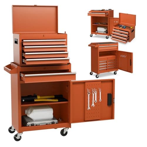 Image of COSTWAY Large Rolling Tool Cabinet, 2-in-1 Detachable Metal Tool Chest with Drawers, Wheels, Handle & Hooks, Lockable Tool Box Trolley for Garage Workshop (5 Drawer with Adjustable Shelf, Orange)