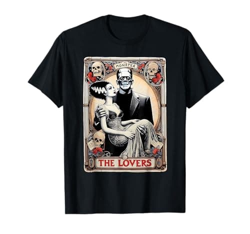 Image of Horror The Lovers Tarot Card Funny Frankenstein And Bride T-Shirt