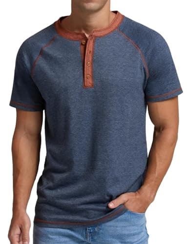 Image of Sailwind Grandad Shirts for Men Henley Tshirts Cotton Summer T Shirts Short Sleeve Casual Running Grandad Mens Tops (Navy Blue Variegated, M)