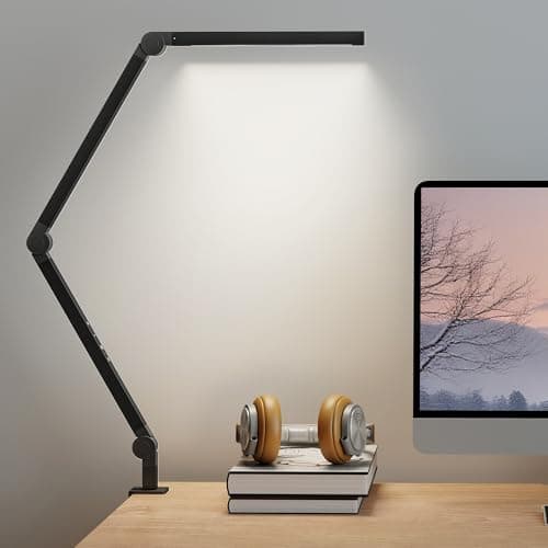 Image of HOMCOM LED Desk Lamp, Dimmable Desk Light with Swing Arm and Clamp, Adjustable Eye-Caring Table Lamp with 2 Colour Modes & 5 Brightness Levels for Study, Drawing, Office, Architect, Task, Black