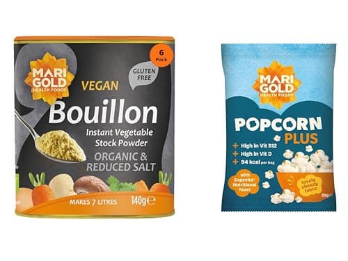 Image of Marigold Health Foods Organic Reduced Salt Vegetable Bouillon Powder 140g (Pack of 6) + Free Popcorn – Instant Vegan Stock, 38% Less Salt, Gluten Free, Natural Ingredients