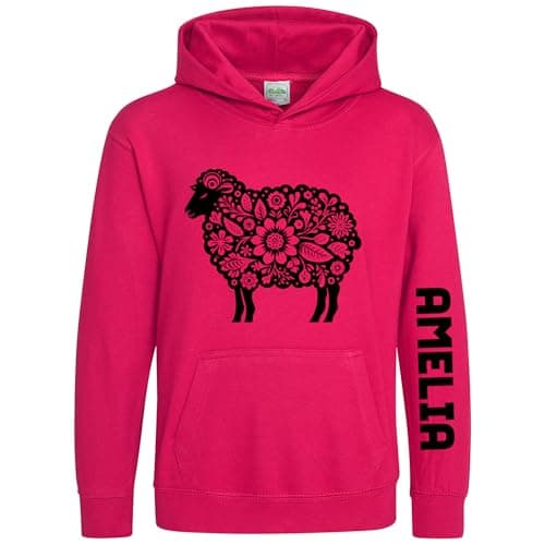 Image of Personalised Floral Sheep Girls Hoodie Farm Animal Farmers Custom Name Sleeve Print Kids Hooded Top, 12-13 Years, Bright Pink