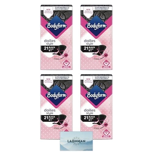 Image of LAGHMAN Bodyform Dailies Panty Liners, super absorbent, odor-absorbing, V-zone protection, designed for black underwear, bundle of 4 x 21 (84 pieces total)