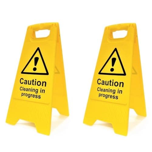 Image of Caution Cleaning In Progress Signs - Pack of 2 | High-Visibility Yellow Folding A-Board Safety Signs | Double-Sided Warning Floor Stands for Cleaners, Shops, Offices & Public Areas