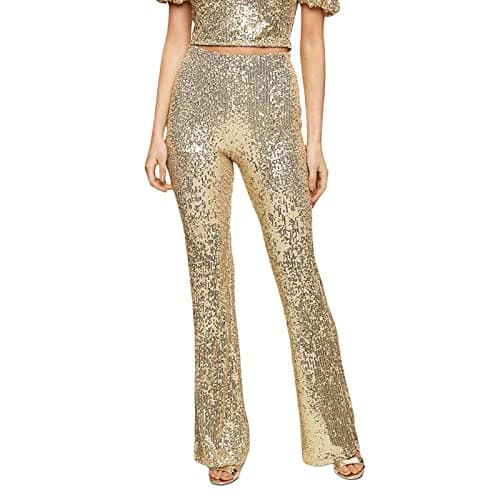 Image of Yassiglia Women's Glitter Sequin Trousers Y2K Sparkly Slim High Waist Elastic Flared Pants Glitter Leggings for Party Clubwear (Golden, M)