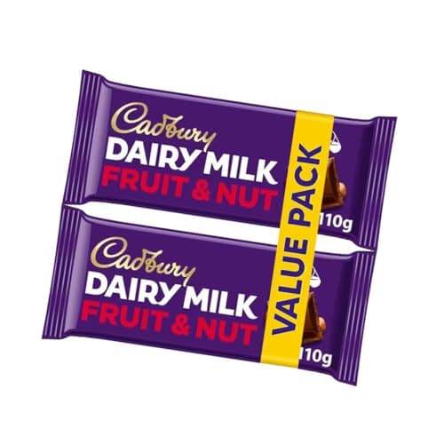 Image of Cadbury Dairy Milk Fruit & Nut 220g - Creamy Milk Chocolate with Raisins & Almonds, Indulgent Snack Bar Duo, Sharing Pack, Great Dessert Option, Perfect Treat Idea for Gifting (2x110g)