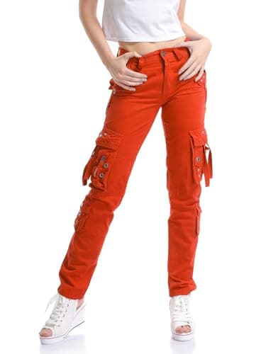 Image of Tianerhay Women's Cotton Cargo Trousers Multi Pocket Combat Pants Straight Leg Utility Workwear Orange Tag 34-UK 14