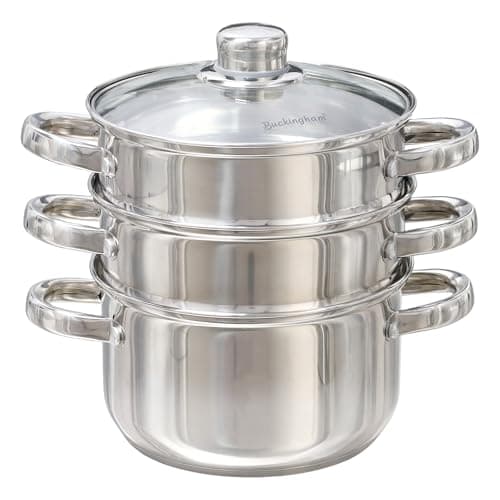 Image of Buckingham 3 Tier Premier Steamer Set with Glass Lid Polished Mirror Finish Stainless Steel Ideal for Steamer Cooking Induction Compatible 18 Cm, Silver