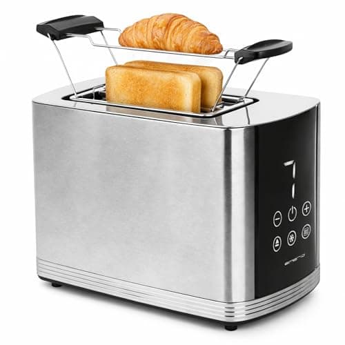 Image of EMERIO TO-128308 Stainless Steel Toaster with Large Display, 2 Bread Slots, Automatic Centering, Crumb Tray, Defrosting, Warming, 7 Browning Levels, Bread Rack for Rolls, BPA Free,