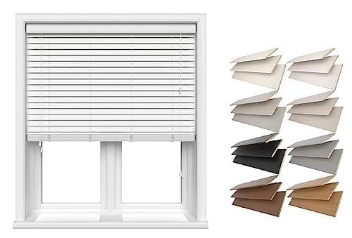 Image of Venetian Faux Wood String Blind wooden Venetian Blinds With Strings 50mm Slats TRIMMABLE Fauxwood White (75cm x 150cm)