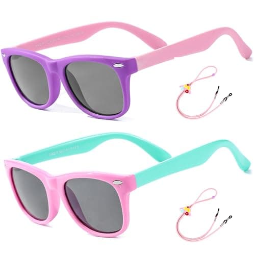 Image of Rocf Rossini Flexible Kids Sunglasses Polarized Toddler Sun Glasses for Baby Boys and Girls Shades UV400 Protection with Case Age 2-8 (Purple/Pink + Pink/Cyan)