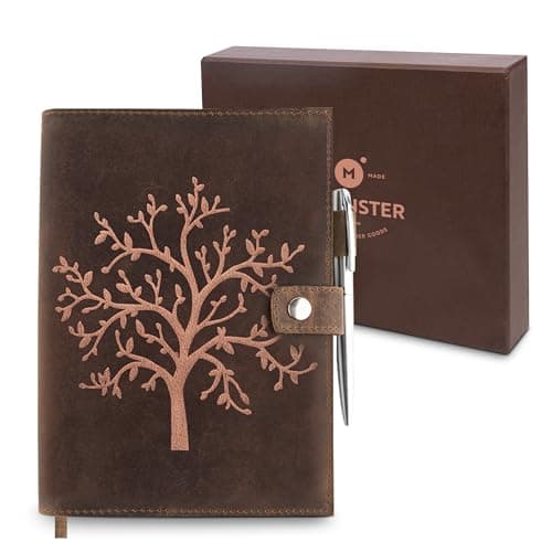 Image of moonster Refillable Vintage Leather Journal Notebook – Embossed Tree of Life Diary for Journaling, Writing & Notes – Handmade Gift for Men & Women, Includes Pen Holder, Silver Pen & A5 Lined Paper