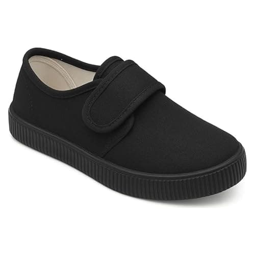 Image of Kids Boys Girls School PE Pumps Plimsolls Shoes Unisex Children Gym Sports Trainers Black White Touch Fastening Slip On Lace Up Canvas PE Pumps Back to School- Touch Fasten Black UK 4