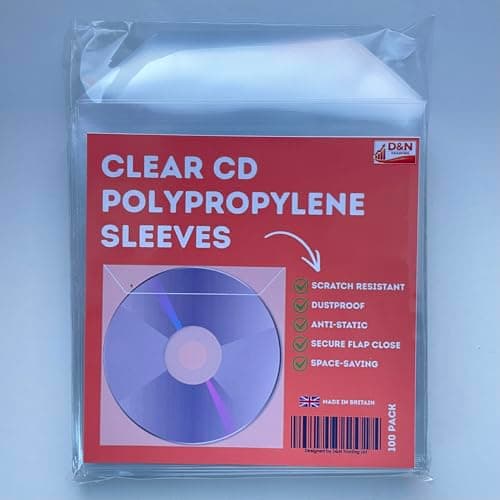 Image of Clear CD Sleeves for CD/DVD/Bluray - 100 Pack - Premium quality, scratchproof, dustproof, anti-static & secure - CD Sleeve with Flap - Clear CD Case - Space Saving - Pack of 100 Sleeves