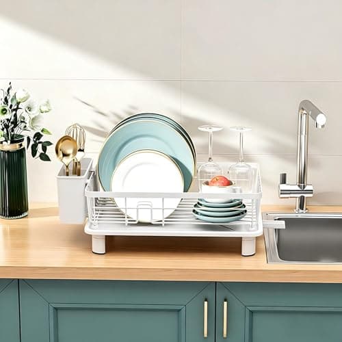 Image of JOUING Dish Drainer Rack with Drip Tray Kitchen Dish Drying Rack with 360°Swivel Spout Metal Sink Drainer with Removable Cutlery Holder (White, Small)