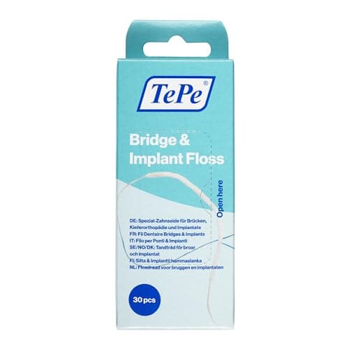 Image of TePe Bridge & Implant Floss, 30pcs, Wide Dental Floss Suitable for Braces, Bridges, and implants, efficient Plaque Remover Tool for in Between The Teeth