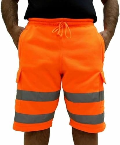 Image of HUBIBUBI Hi Vis Elasticated Work wear Safety Shorts with T-Shirt | Classic Multi Pocket Cargo Design Easy Care Mens Work Hi Visibility (UK, Alpha, M, Regular, Regular, Orange Short)