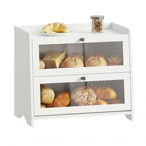 Image of BAMBANG Bread Bin for Kitchen Countertop, Extra Large Bamboo Bread Box Storage Container for Homemade Bread, Double Layer Sourdough Breadox, Bread Bin Organizer for Counter Cabinet Pantry, White