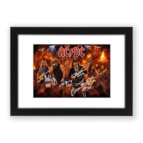 Image of AC/DC Signed Poster Print - Art Styled Limited Edition Autograph Fan Gift – Collectible Memorabilia Wall Art - High Voltage Power Up Tour Rock Legends (A3 Framed with Mount)