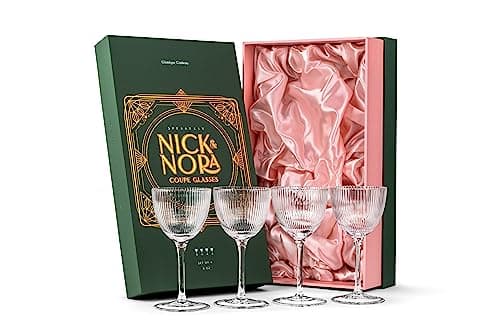 Image of GLASSIQUE CADEAU Vintage Art Deco Nick and Nora Coupe Glasses | Set of 4 | 150 ml Crystal Ribbed Gin Cocktail Glassware for Drinking Classic Bar Drinks | Retro Long Stemmed Goblets