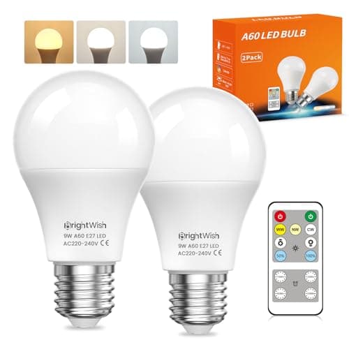 Image of BrightWish A60 LED Light Bulbs Dimmable E27 LED Bulb, 9W 700LM 60W Equivalent Energy Saving, 3000K Warm White/4000K Natural White/6000K Daylight, E27 Edison Screw Bulb with Remote Control, 2 Pack