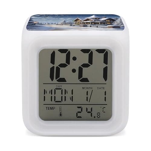 Image of FekiLoot Christmas Winter Happy Scene Alarm Clock with 7 Color Changing Night Light with Date and Temperature Wake Up Digital Clock Colorful LED Display Alarm Clocks Gift Decor for Bedroom