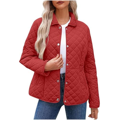 Image of canada goose jacket Winter Jackets for Women UK Lightweight Quilted Puffer Lapel Collar Jacket Casual Button Down Padded Coat Cardigan Fashion Outwear Walking Traveling Warm Outfits Red XXL