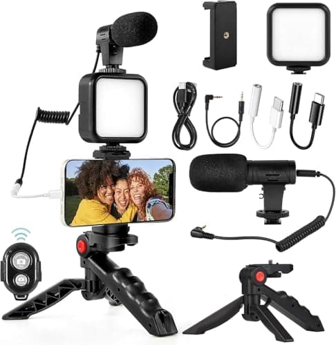 Image of Vlogging Kit, Compatible Video Vlog Kit with Microphone LED Light Tripod, Remote Control, YouTube Kit for Android,for Instagram, Facebook Live (iPhone & Android Compatible, Rechargeable LEDs Light)