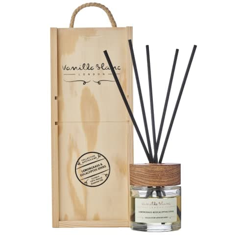 Image of Vanilla Blanc Natural Reed Diffuser, Home Fragrance, Encased in a Signature Hand Crafted Wooden Gift Box (Lemongrass & Eucalyptus)