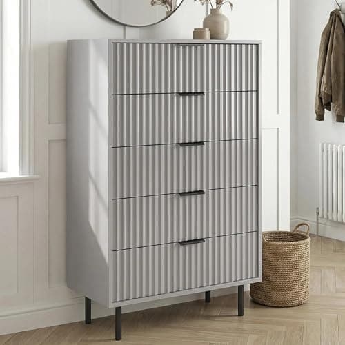 Image of Blisswood Chest of Drawers for Bedroom, 5 Drawer Fluted Wooden Dresser with Metal Handles, Modern Painted Storage Unit with Smooth Glide Drawers and Large Top Surface for Living Room & Hallway_Grey