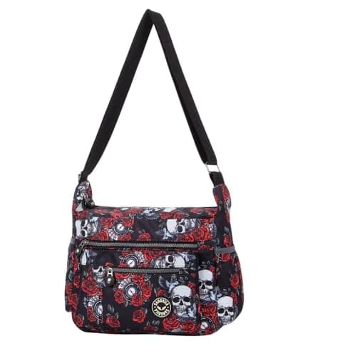 Image of styluxuk Womens Nylon Crossbody Bag Waterproof Multi Pocket Shoulder Tote Lightweight Travel Messenger Handbag Ladies Purse Casual Work Holiday Everyday Small Tote Bag (Roses & Skulls)