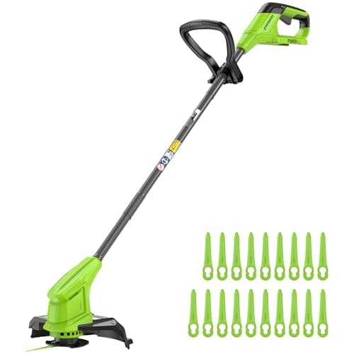 Image of Greenworks 24V Cordless Strimmer Blade Grass Trimmer Battery Powered String Trimmer, 25cm Cutting Width, Includes 20 Blades, No Battery and Charger, Green