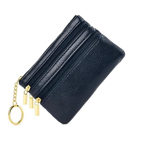 Image of 4 Zip Compartments Small Coin Purse for Women Cards Holder Money Notes Wallet with Keyring - Navy Blue