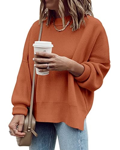 Image of Cicy Bell Womens Oversized Tunic Sweaters Fall Slouchy Long Sleeve Pullover Ribbed Knit Side Slit Jumper,Orange,M