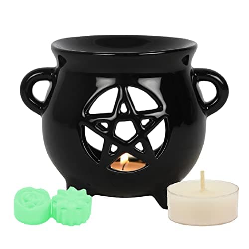 Image of Black Pentagram Cutout Cauldron Halloween Ceramic Oil Burner Wax Melter Starter Gift Set with Two Assorted Highly Scented Soy Wax Melts and One Unscented Soy Wax Tealight Candle