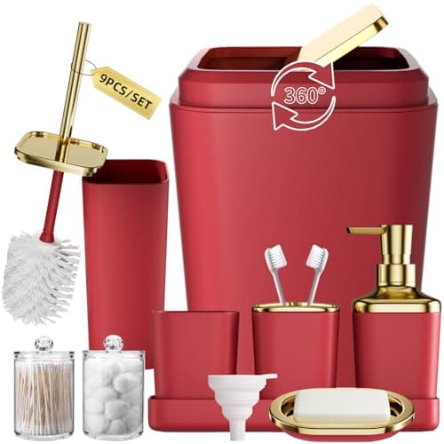 Image of XLHOMO Dark Red Bathroom Accessory Set, 9-Piece Burgundy Set with Trash Can, Toothbrush Cup, Soap Dispenser, Soap Dish, Toilet Brush Holder, 2 Qtip Dispensers and Tray