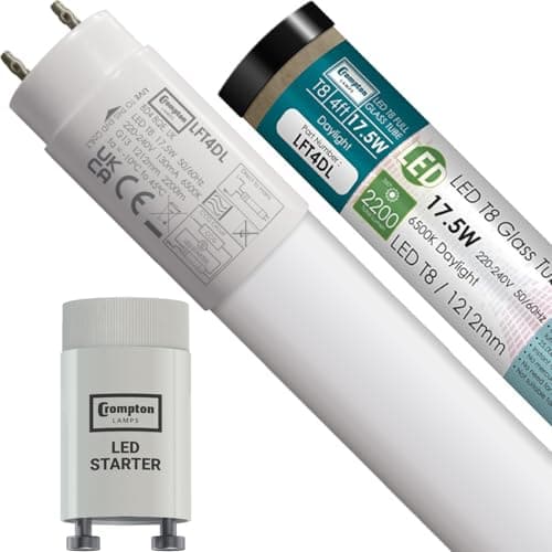 Image of Crompton Lamps 4ft LED T8 Tube, 6500K Daylight, 17.5W (36W Equivalent), Replacement Fluorescent Tubes for LED Batten Light, Ceiling Strip Lights, Garage Lighting, Includes Fluorescent Starter