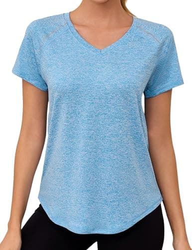 Image of Gyabnw Women's V-Neck Gym T-Shirt Short Sleeve Sports Tops Quick Dry Workout Shirt with Reflective Strips for Running Yoga Fitness Blue