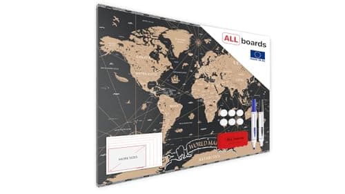 Image of Magnetic Boards MetalBoard World MAP Black Vintage 60x40cm a Magnetic Metal Poster with an Imprint for All Types of Magnets, Wall Mounted Durable 3D Printed + a Set of Accessories Included