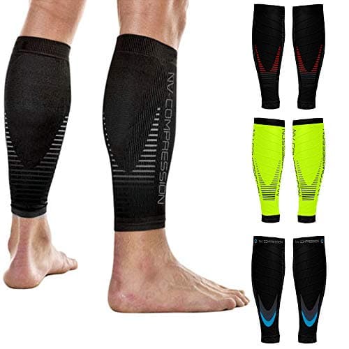 Image of NV Compression Essential Race and Recover Calf Guards/Sleeves (PAIR) 20-30mmHg - For Sports Recovery, Shin Splints, Medical, Work, Flight - Running, Cycling, Gym (Black/Grey Stripes, S-M)